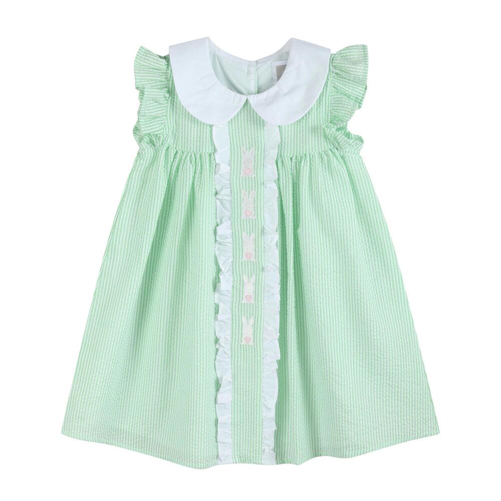 Green Seersucker Easter Bunny Ruffle Dress: 5Y
